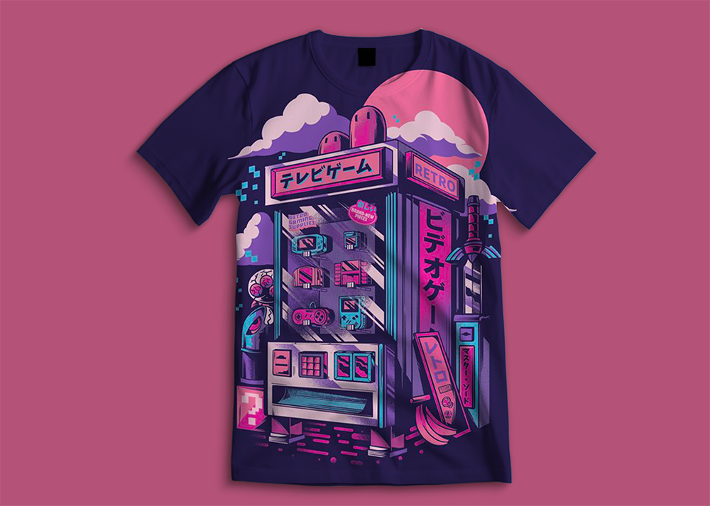 T-shirt violet foncé avec une illustration d'une borne de jeux vidéo