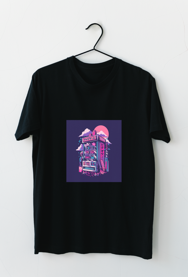 T-shirt noir avec une illustration d'une borne de jeux vidéo